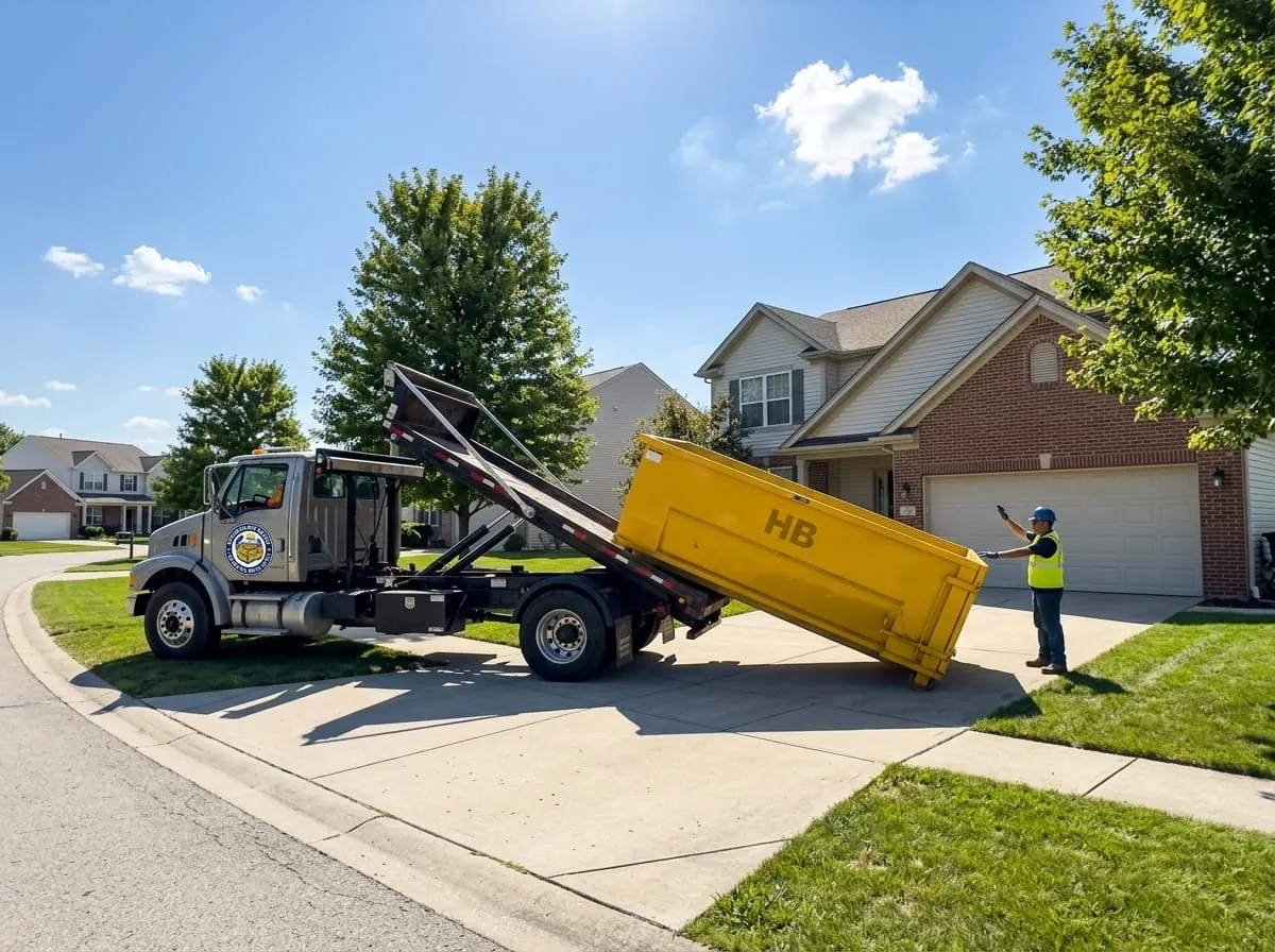 Same-day dumpster delivery in Huntington Beach, CA Huntington Beach Dumpster Rental Guys truck delivering a roll-off dumpster to a Huntington Beach CA driveway