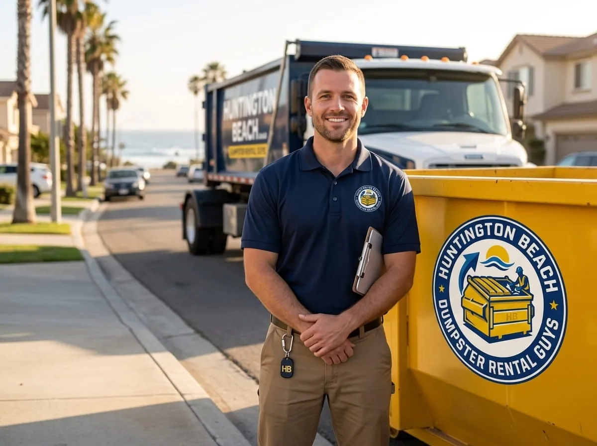 Huntington Beach Dumpster Rental Guys team member beside a roll-off dumpster in Huntington Beach, CA